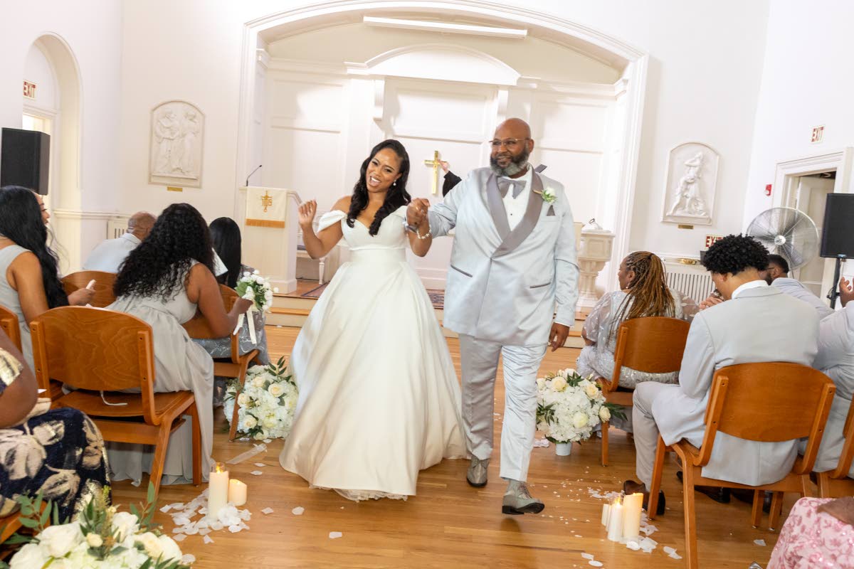The happy couple, Michael and Yvonne, skipped out of The Presbyterian Church of Morristown after exchanging vows.