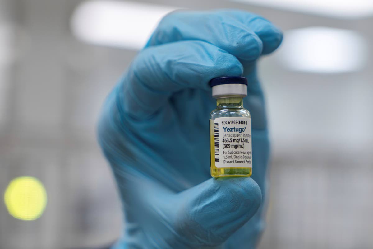 This photo provided by Gilead Sciences shows a vial of the company’s HIV prevention medication, Yeztugo, (lenacapvir) at a manufacturing facility in La Verne, California.