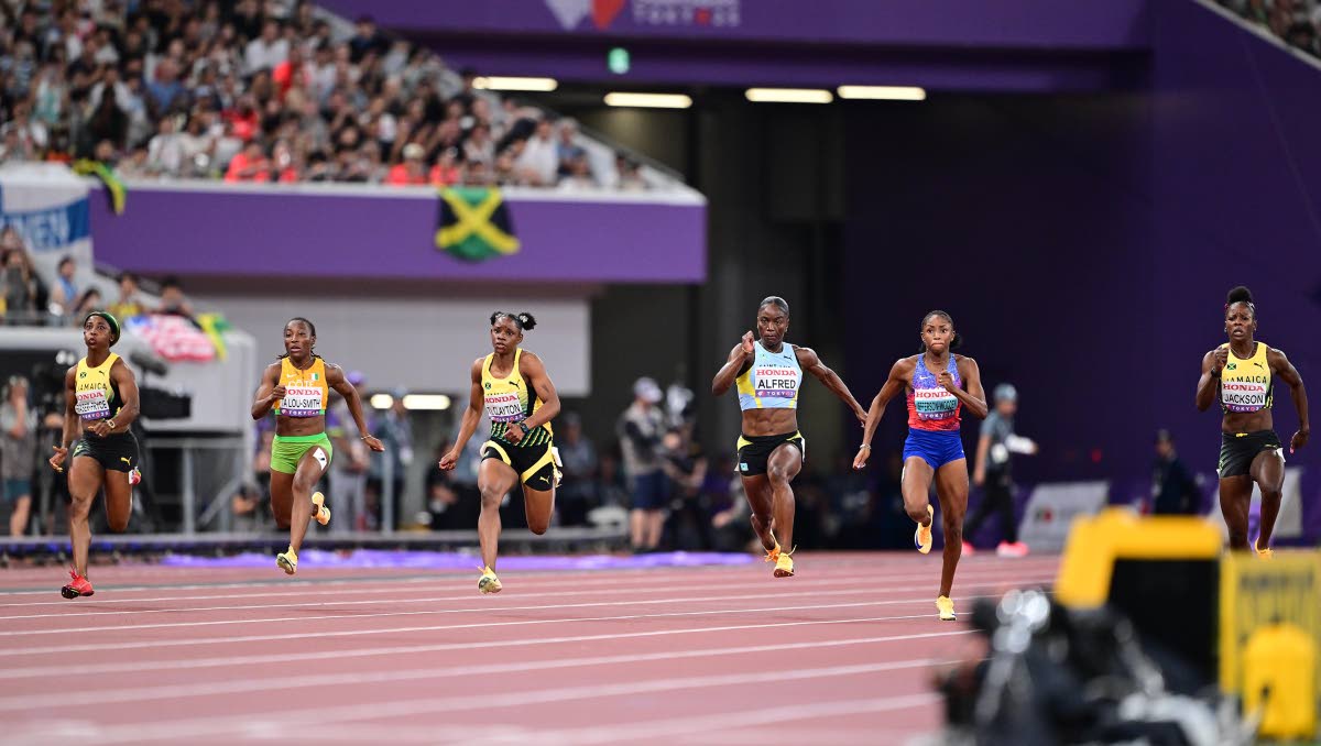 Athletes competing in the women’s 100m final on day two of the World Athletics Championships in Tokyo, Japan. From left: Shelly-Ann Fraser-Pryce, Marie-Josée Ta Lou, Tina Clayton, Julien Alfred, Melissa Jefferson-Wooden and Shericka Jackson. Jefferson-W