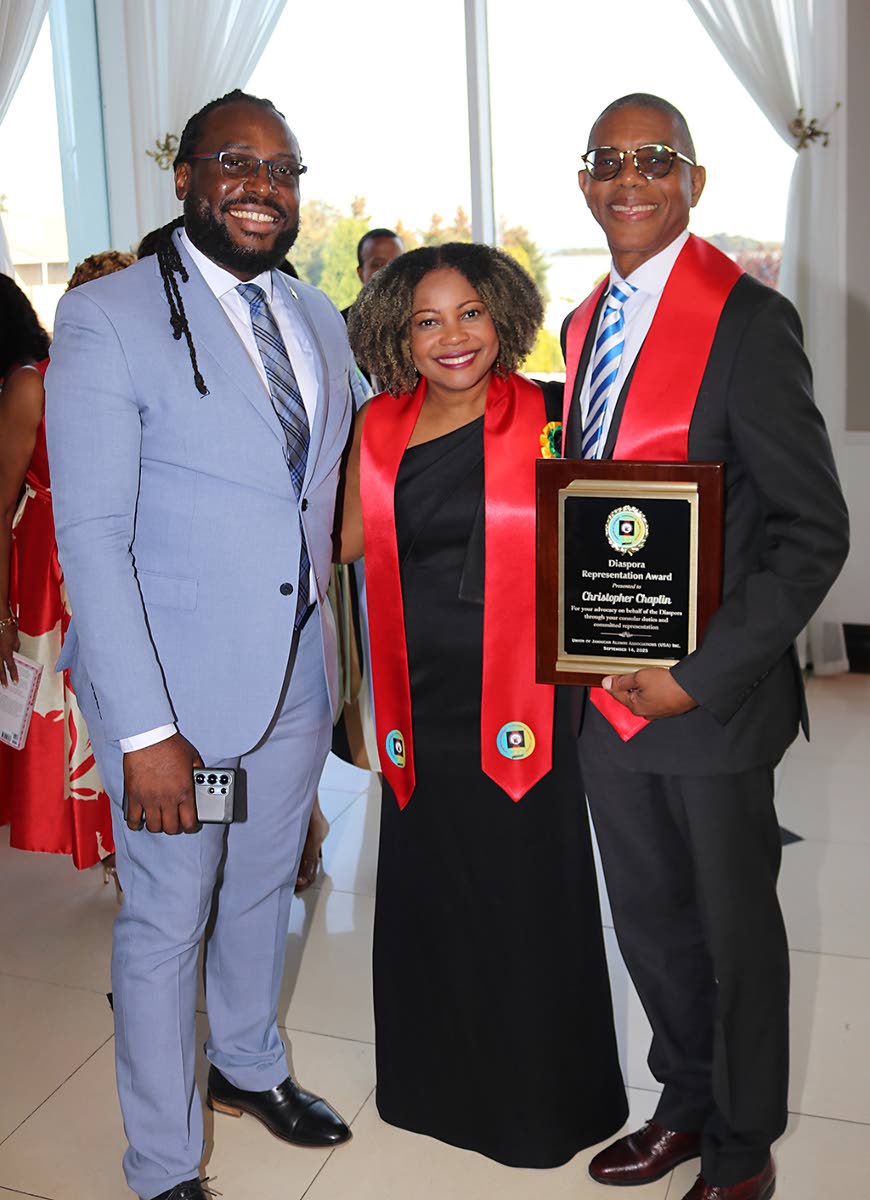 Minister of Education, Skills, Youth and Information, Dr Dana Morris Dixon (centre) with Jamaica Honorary Consul in Philadelphia and the recipient of Union of Jamaica Alumni Association Diaspora Community Impact award, Christopher Chaplin (right) at the 35