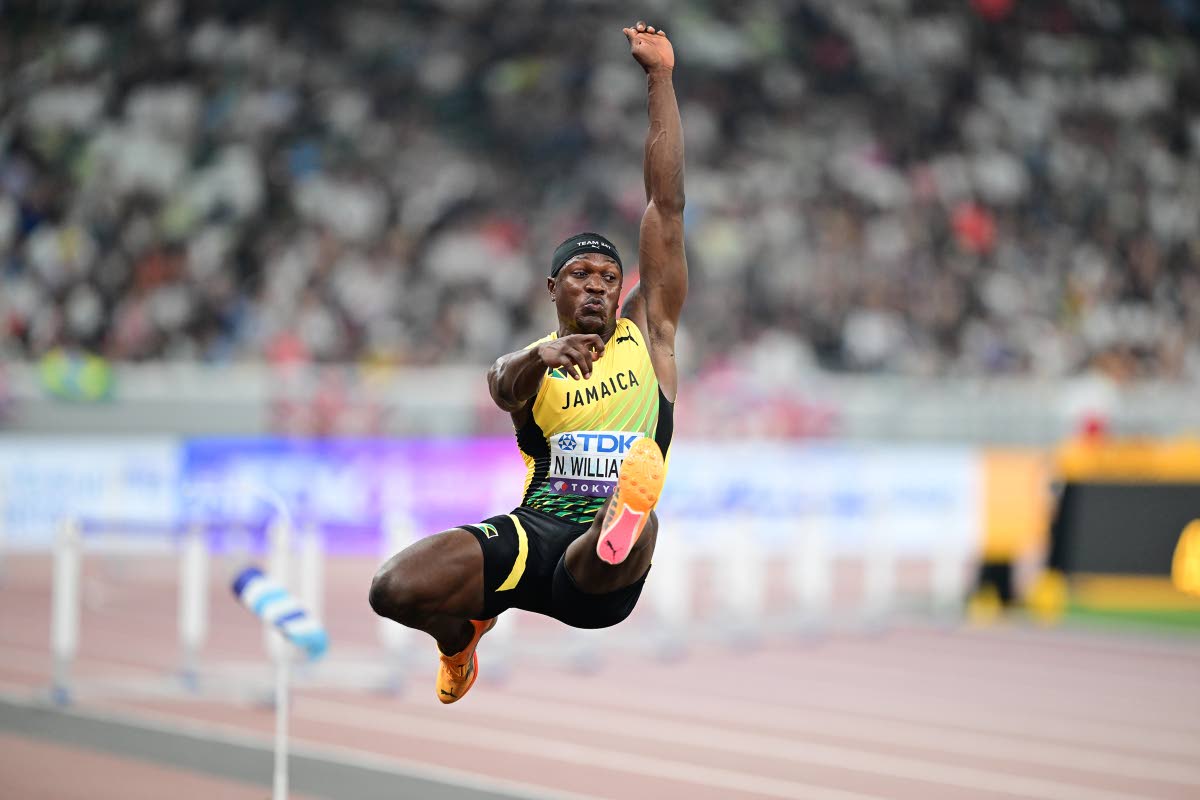Nikaoli Williams competing in the men’s long jump final. Williams finished ninth with a leap of 7.85 metres.