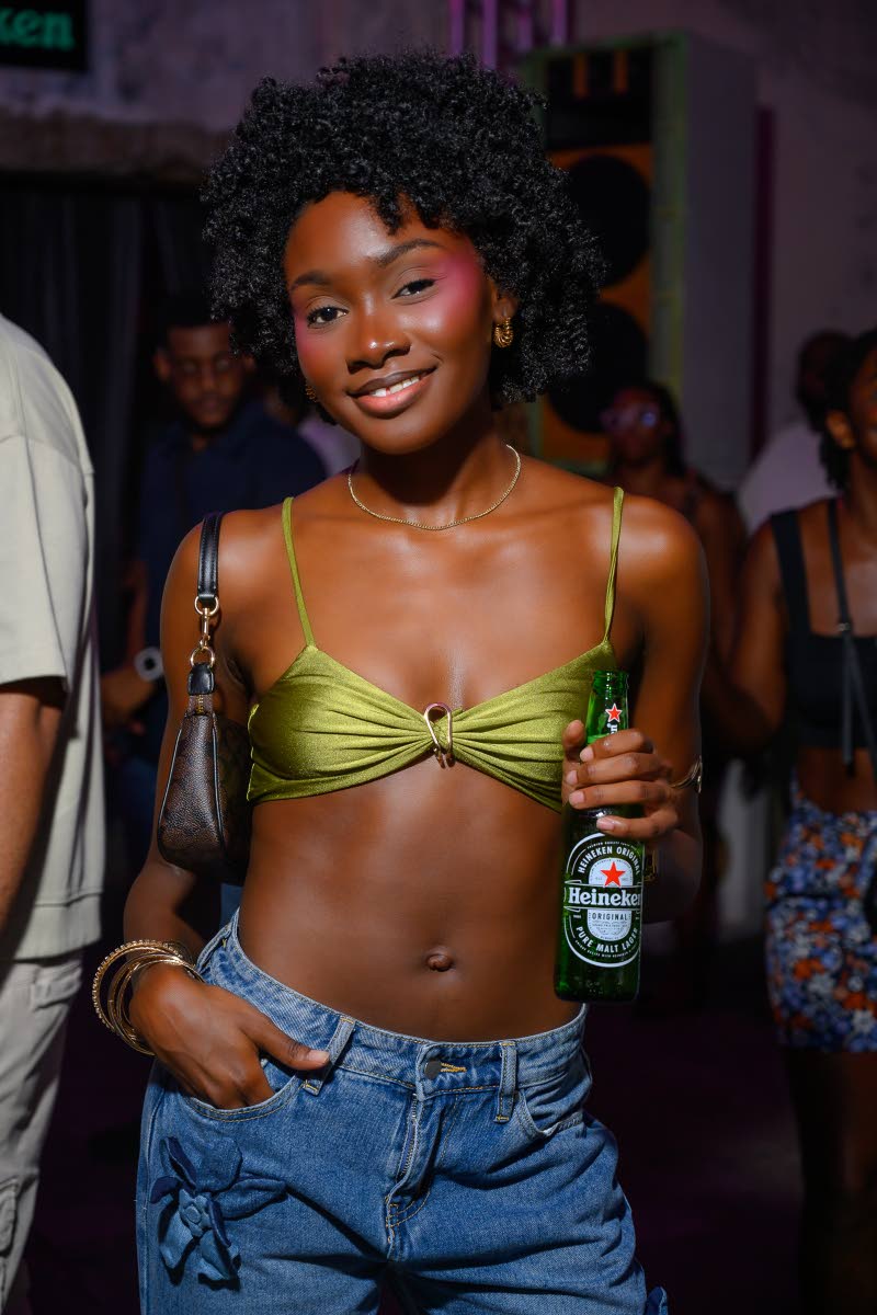 left: Rachel Seaton balances fun and style with floral denim details and a vibrant green bralette.