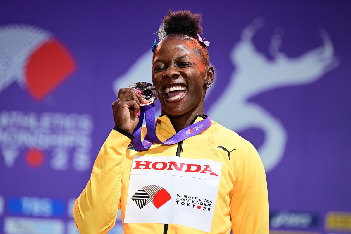 Jamaica’s Shericka Jackson with her 200 metres bronze medal at the medal ceremony held on day eight of the 2025 World Athletics Championships in Tokyo, Japan. 
