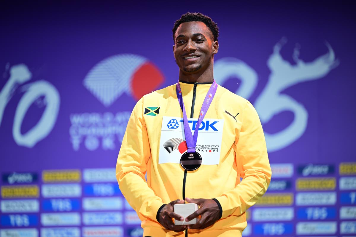 Men’s 200 metres bronze medallist Bryan Levell of Jamaica at the medal ceremony held on day eight of the 2025 World Athletics Championships in Tokyo, Japan.