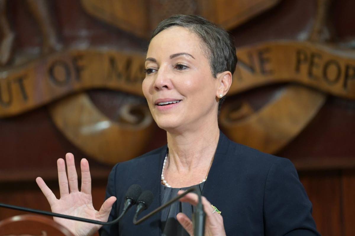Minister of Foreign Affairs and Foreign Trade, Senator Kamina Johnson Smith, speaking at a post-Cabinet press briefing at Jamaica House on March 4.