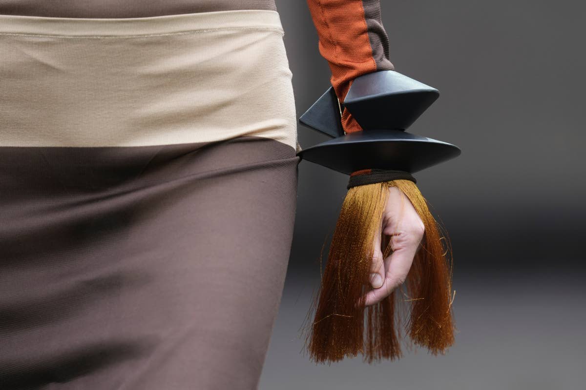 A model wears a creation from the Ferragamo women’s Spring-Summer 2026 collection, which was presented in Milan, Italy, on Saturday.