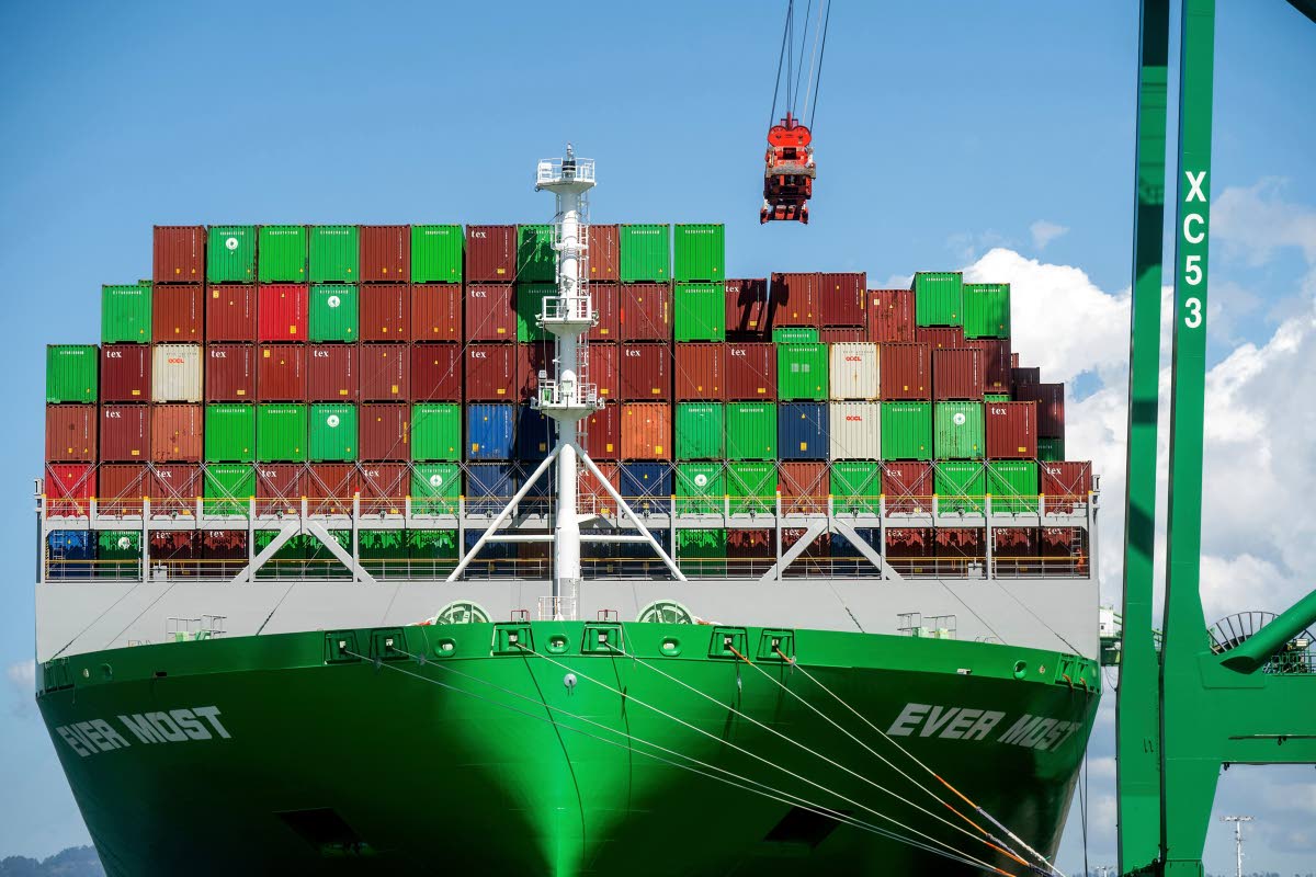 Shipping containers line the ‘Ever Most’ cargo vessel docked at the Port of Oakland on April 3, 2025, in Oakland, California.
