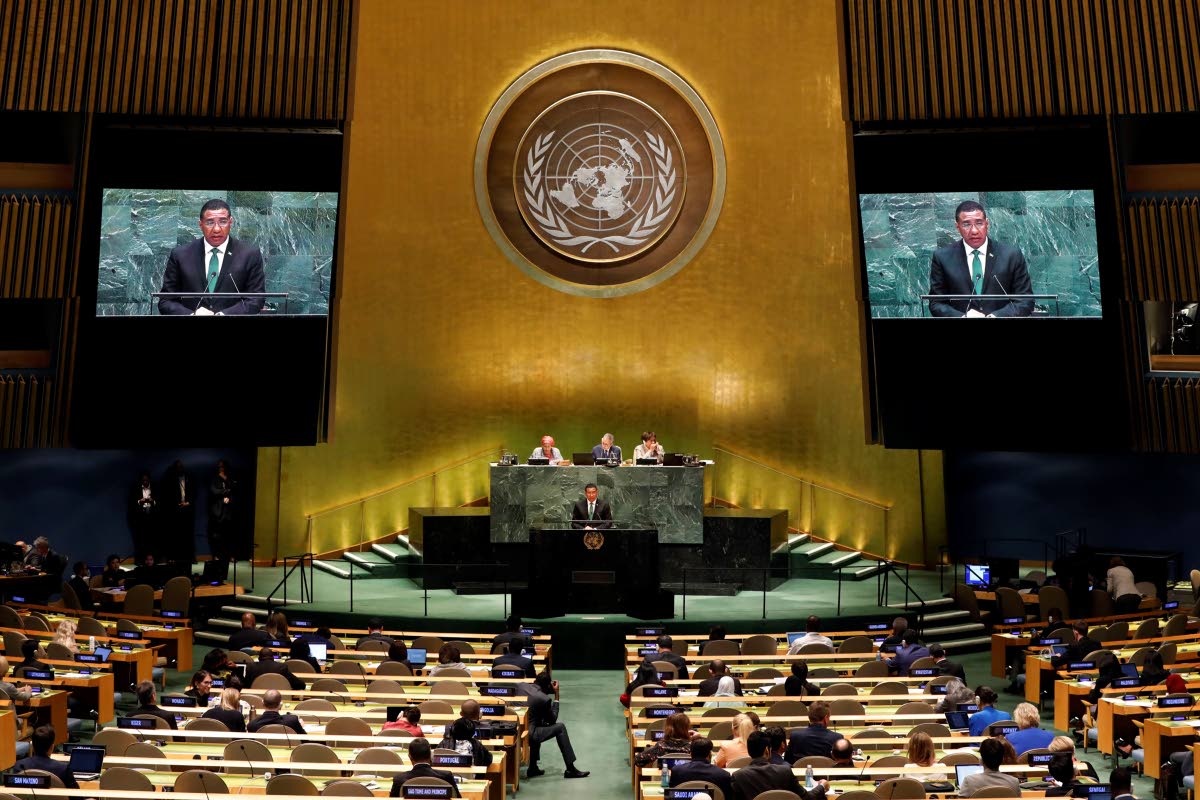 
Jamaica’s Prime Minister Andrew Holness addresses the 74th session of the United Nations General Assembly.