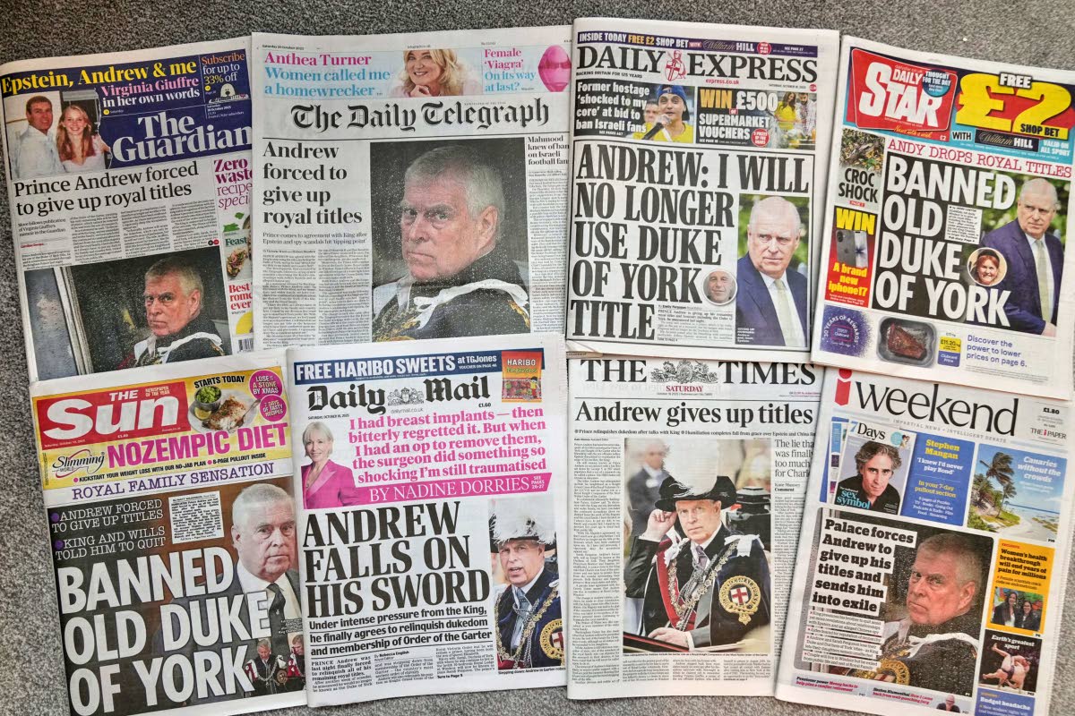 A selection of British national newspapers showing the front pages and their reaction to Prince Andrew announcing that he will relinquish his Duke of York title and the Order of the Garter, amid ongoing problems in his personal life, in London, Saturday, O