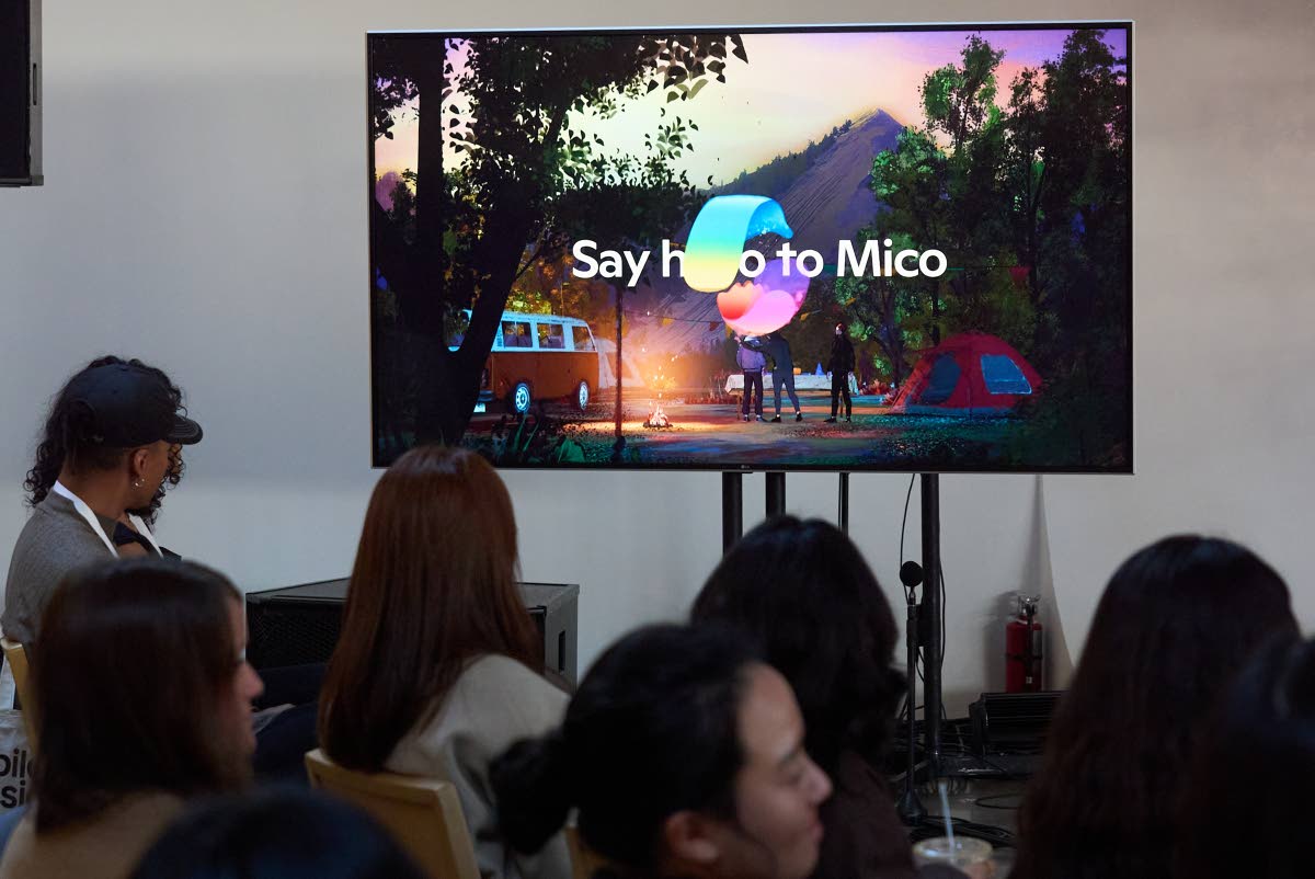 A video animation shows a Copilot Appearance avatar called Mico, floating around an abstract environment during a presentation at Microsoft’s Fall 2025 Copilot Sessions event on Wednesday, October 22, 2025 in Los Angeles.
