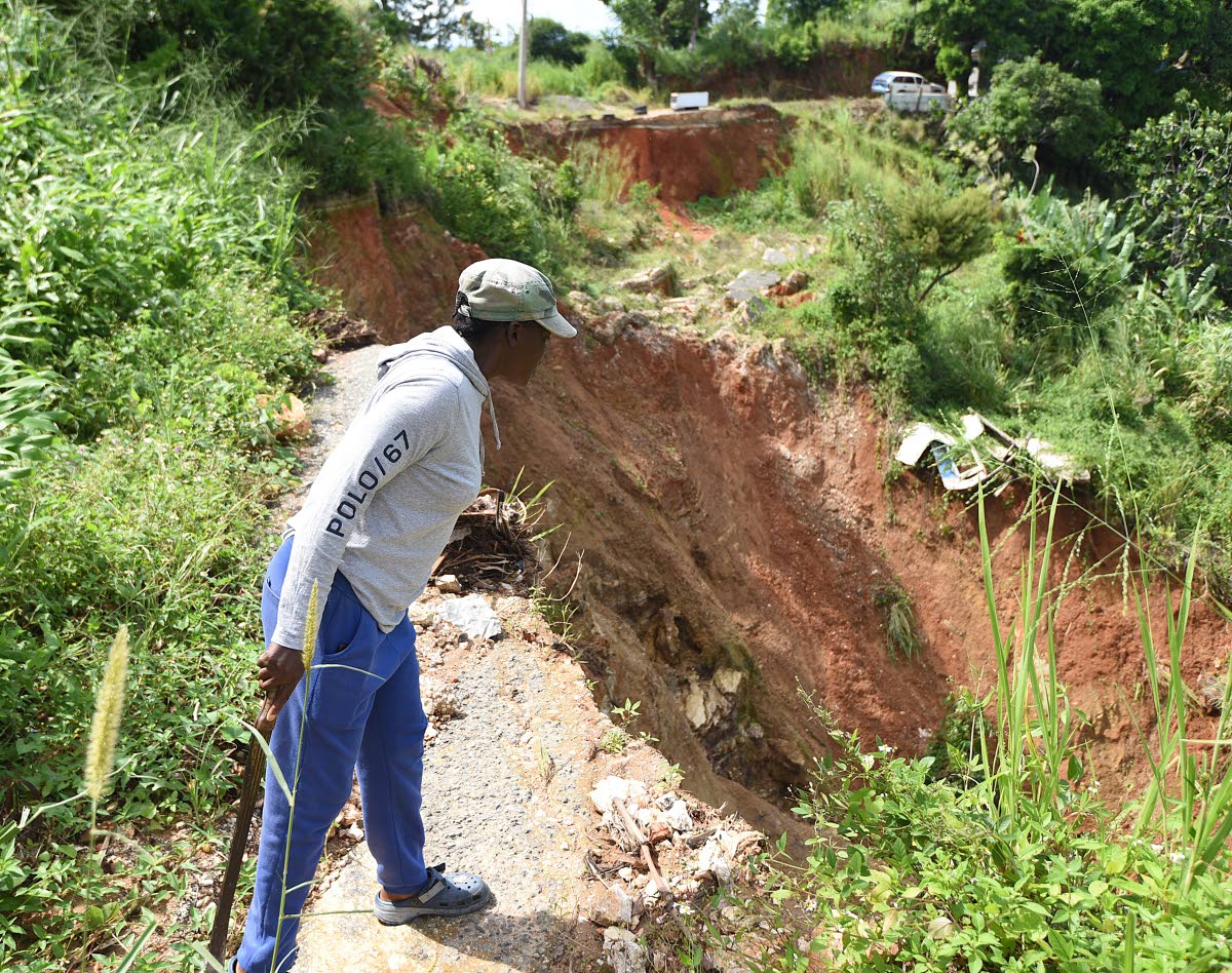 Cynthia Marshall, a resident of McGlashen, St Andrew, peers over the precipice that was created after the roadway collapsed nearly one year ago.