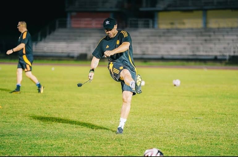 
Reggae Girlz assistant coach Deon Burton takes a few pot shots ahead of a training session.