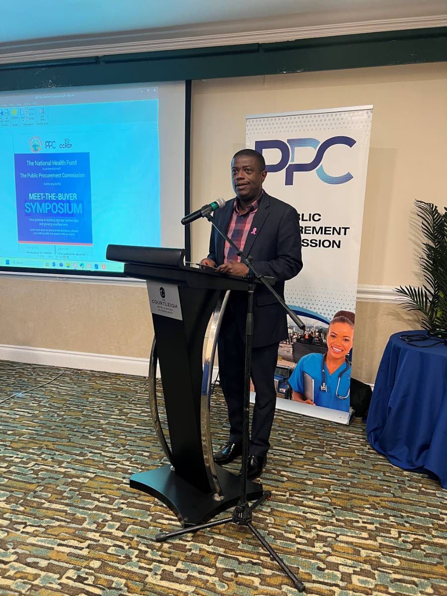 Chief Executive Officer, National Health Fund, Everton Anderson, gives the welcome address at the ‘Meet-The-Buyer’ Symposium co-hosted by the Public Procurement Commission and NHF on October 14, at the Courtleigh Hotel and Suites.