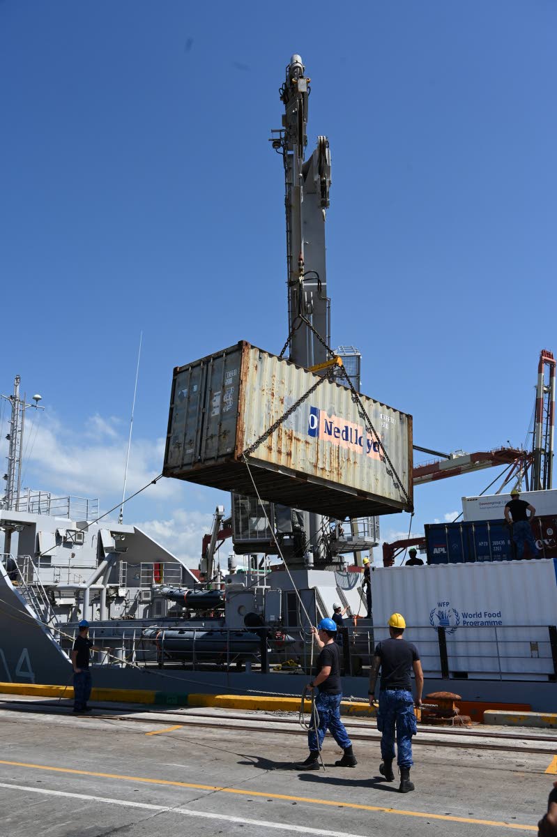 The Netherlands and European Union deliver another shipment of vital relief supplies to Jamaica yesterday in response to the devastation caused by Hurricane Melissa last week. The Dutch Navy support ship, HNLMS Pelikaan, docked in the Kingston Harbour yest