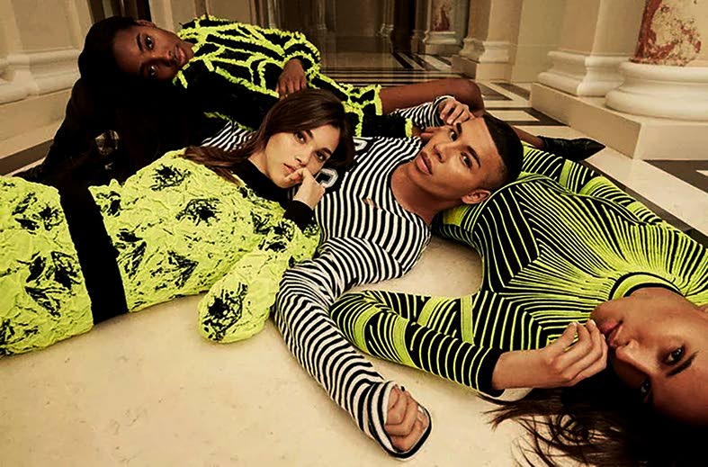 Departing Balmain executive director Olivier Rousteing pictured in September 2018 with models Tami Williams (left), Pauline Hoarau (second left) and Cindy Bruna for a ‘Vogue Arabia’ editorial shot by Julien Vallon.