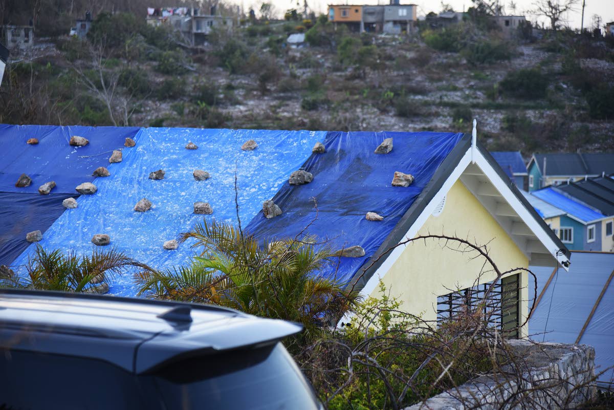 A homeowner using several stones to keep several tarpaulin sheets in place to cover a roofless house in Edmund Ridge.