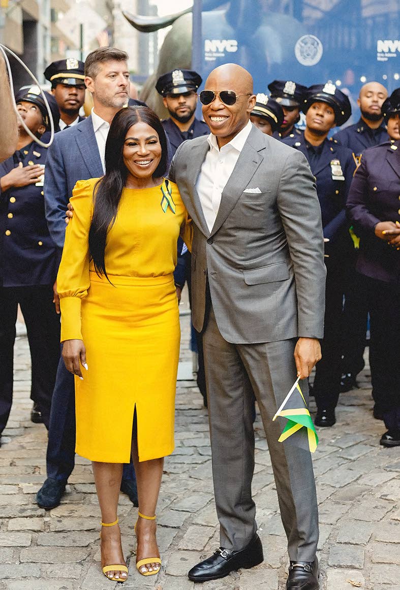 Consul General Alsion Wilson with New York City Mayor Eric Adams at a flag-raising ceremony to mark Jamaica’s 62nd anniversary of Independence. The event was held in Manhattan last year.