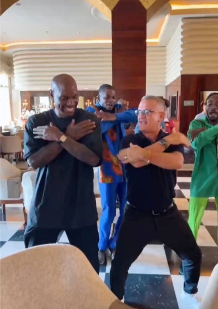 Actor Tyrese Gibson (left) dances with the Iberostar team, which included entertainment manager at JOIA Rose Hall by Iberostar, Deivy Noel (right), and the entertainment dance group in the background.