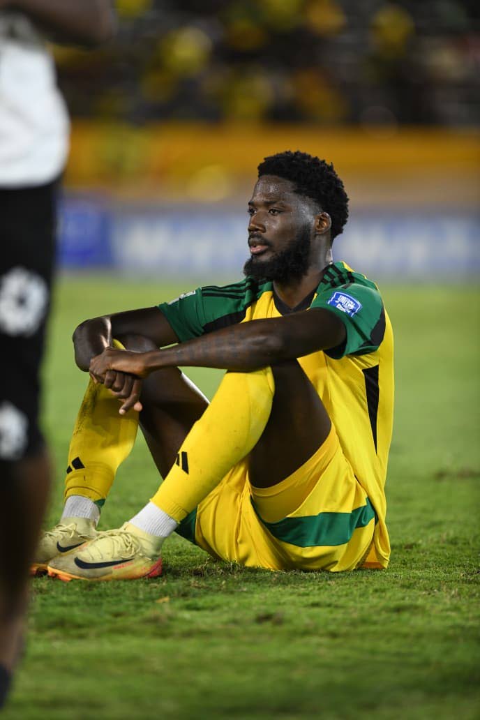 Shamar Nicholson paints a solemn picture after his Reggae Boyz were held to a 0-0 draw by Curacao during the final Concacaf World Cup Qualifier at the National Stadium yesterday.