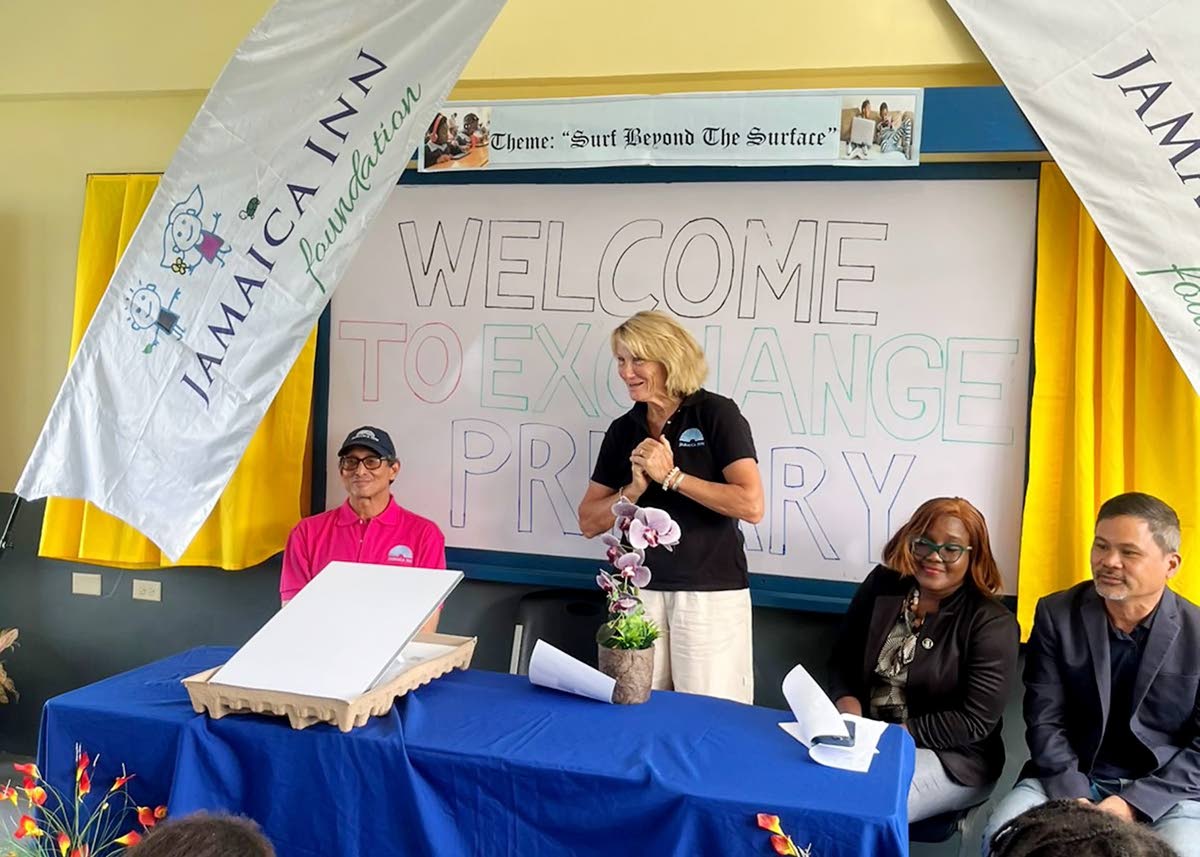 Belinda Morrow, board member, Jamaica Inn Foundation, speaks at the handing over of the Starlink Gen 3 system to the Exchange Primary School in St Ann. Others in the picture, from left, Kyle Mais, general manager, Jamaica Inn, Natalie Oates-Johnson, princi