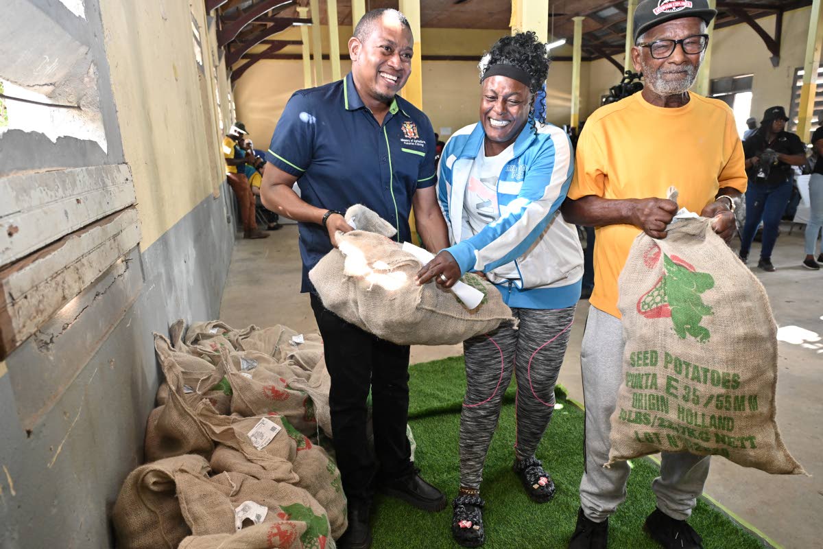 Agriculture Minister Floyd Green (left) hands over potato seeds to  Keniesha Gordon (centre) and Newton Strachan on Thursday.