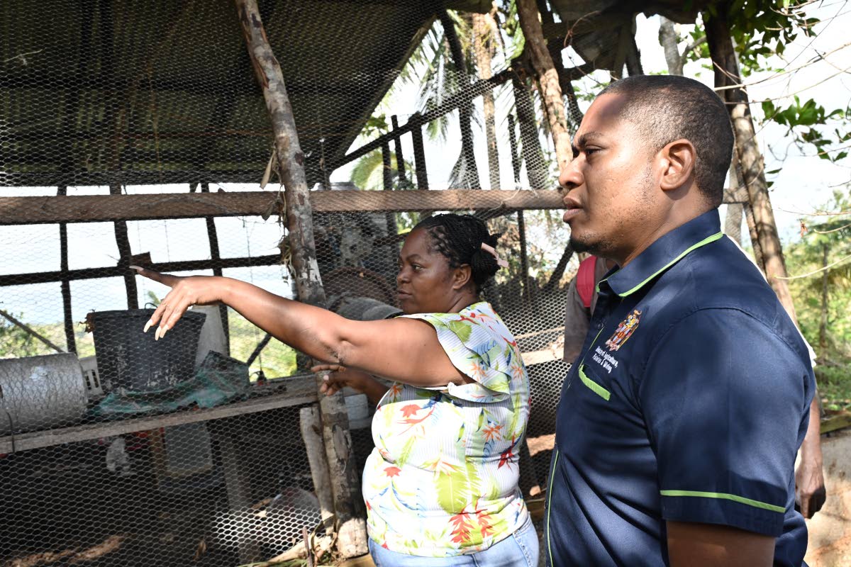 Agriculture Minister Floyd Green speaks with chicken farmer Nadisha Simmonds-Small during a RADA field tour in Guys Hill, St Catherine, on Thursday.
