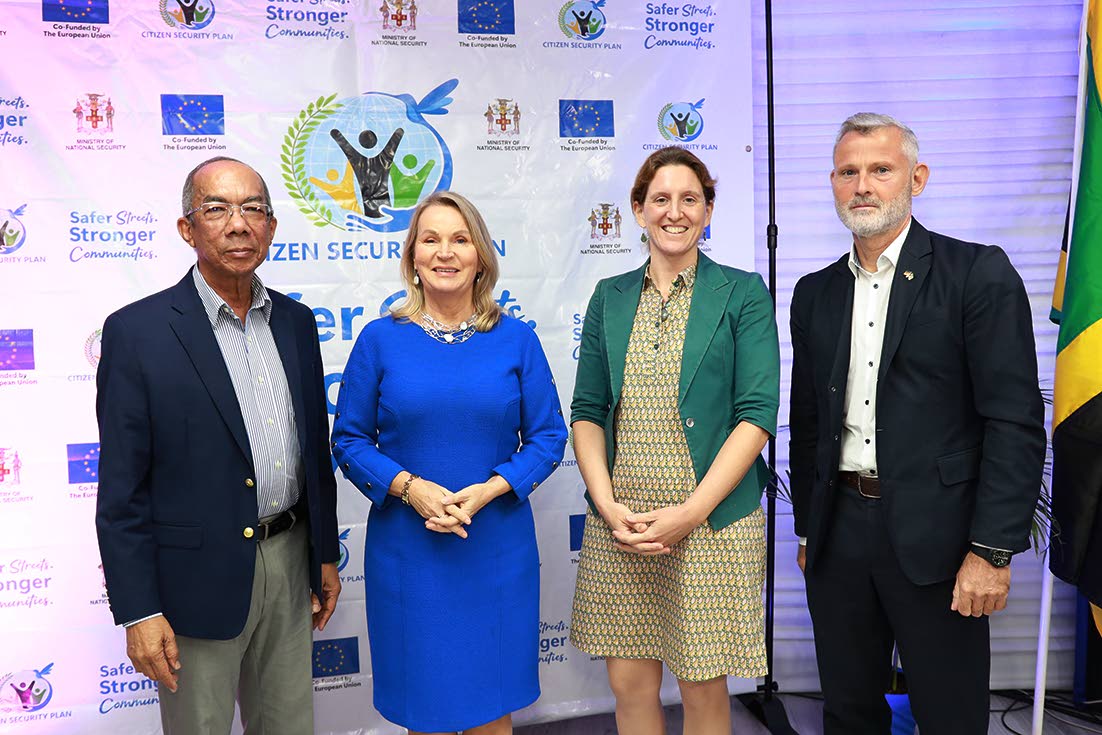 From left: Minister of National Security and Peace Dr Horace Chang; Ambassador of the  European Union to Jamaica, Dr Erja Askola; Ambassador of France to Jamaica, Marianne Ziss; and Ambassador of Germany to Jamaica,  Hendrik Van Thiel, share lens after at