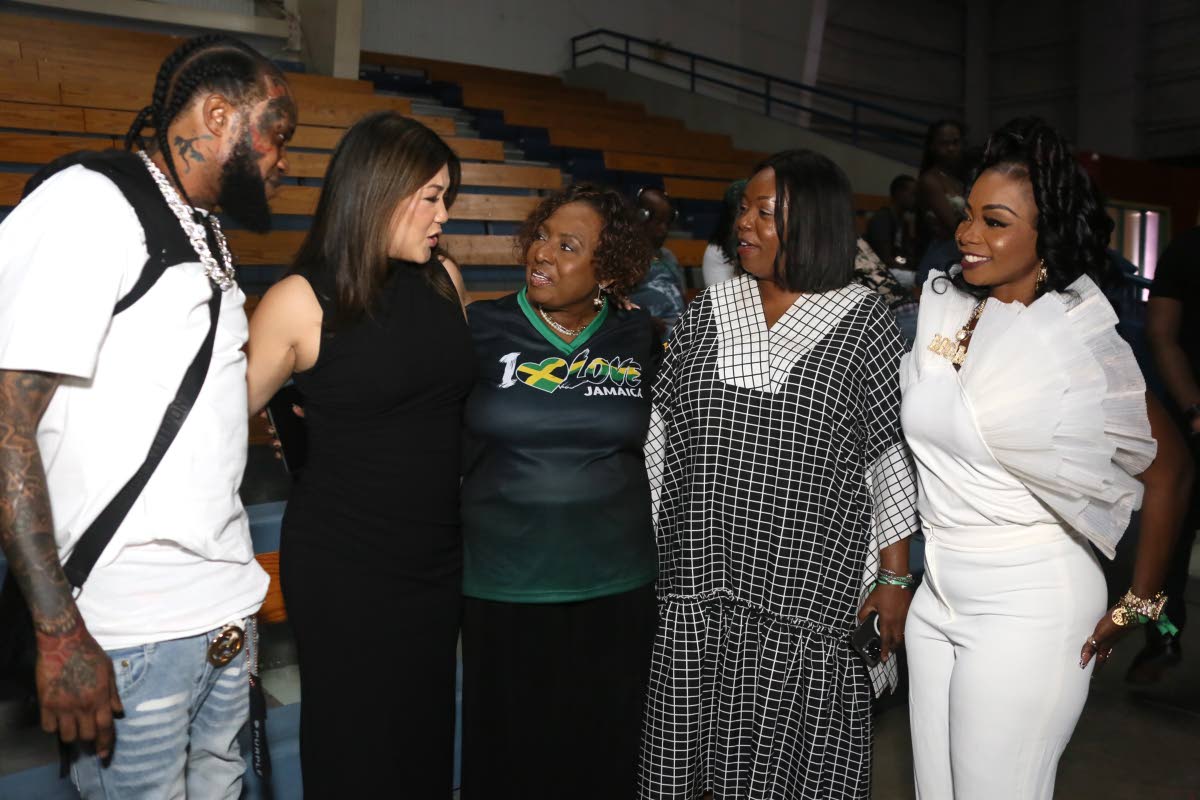 Minister Olivia Grange (centre) is flanked by a few of the artistes who were present at the I Love Jamaica telethon and virtual concert on Sunday. From left: Tommy Lee, Tessanne Chin, Chevelle Franklyn, and Pamputtae.