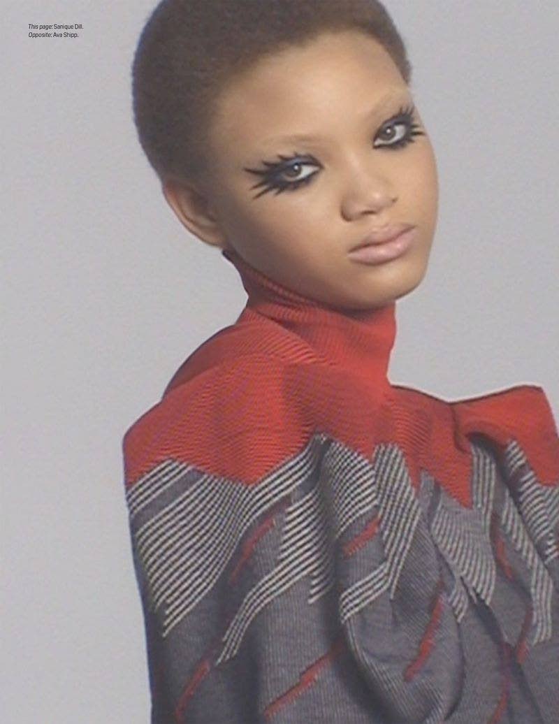 SAINT’s fast-rising star Sanique Dill in the ‘W Magazine’ multi-girl editorial, ‘Look Sharp’, that spotlights the work of legendary make-up artist and founder of the eponymous cosmetics company Pat McGrath Labs. The editorial showcases McGrath’