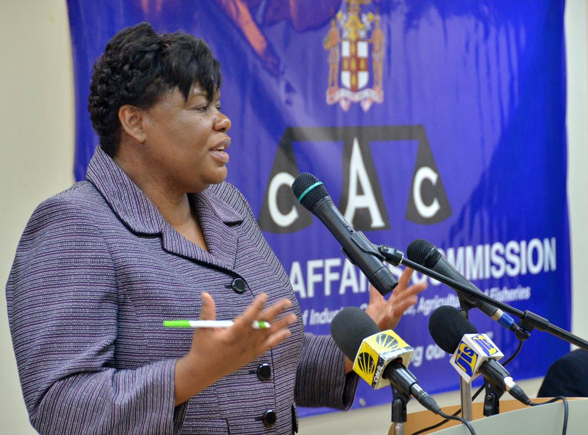 In this July 2017 JIS photo, Consumer Affairs Commission CEO Dolsie Allen speaks during the agency’s quarterly media briefing at the offices of the Ministry of Industry in New Kingston.