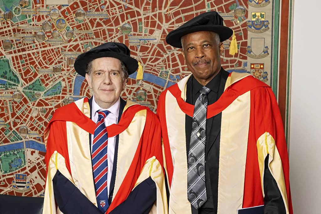 From left: University of London Professor Kingsley Abbott and Professor Sir Hilary Beckles at the conferment ceremony on  November 19.