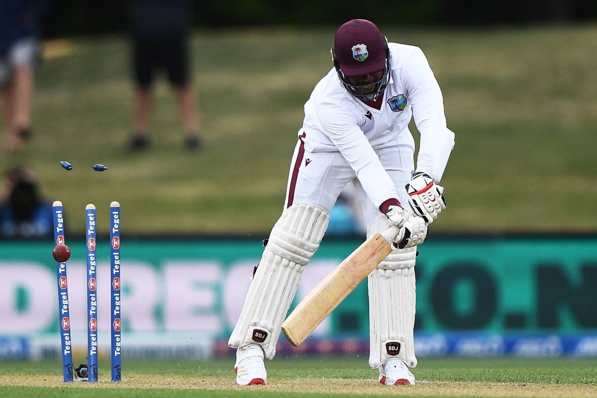 West Indies batter Ojay Shields is bowled by New Zealand’s Jacob Duffy during the second day of their Test match in Christchurch, New Zealand, on Tuesday.