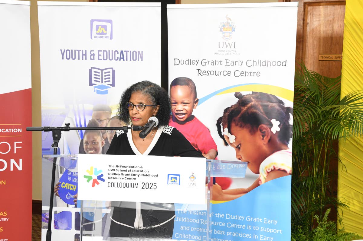 Professor Loraine Cook, education psychologist at the School of Education at The University of the West Indies (UWI), Mona, presenting part of the first keynote address at the JN Foundation and UWI School of Education Dudley Grant Early Childhood Resource 
