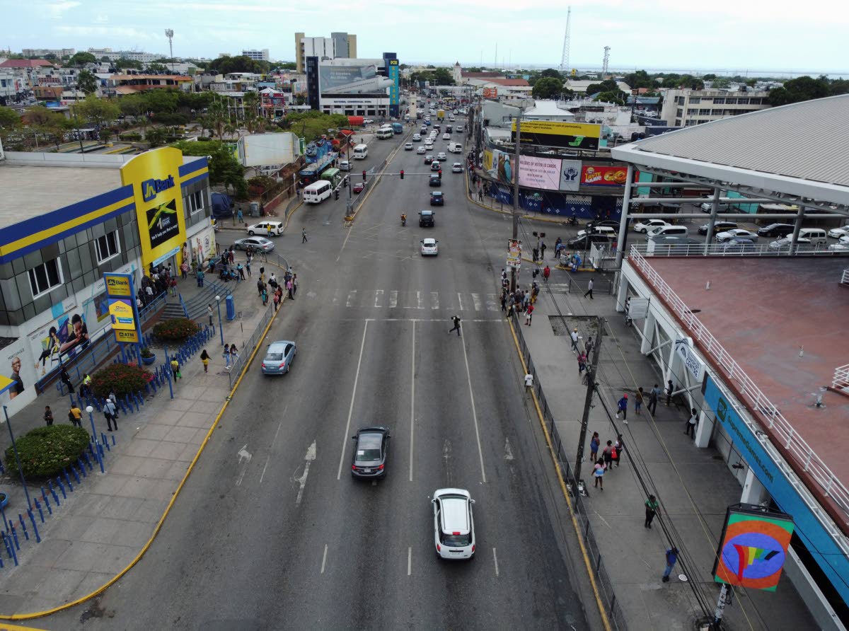 JN Bank headquarters is visible at left in Half Way Tree square, Kingston.