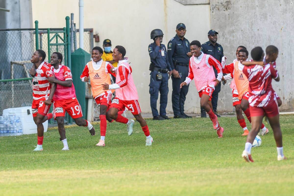 Glenmuir High players celebrate after securing their place in the ISSA daCosta Cup final with a 2–1 victory over Dinthill Technical in their semifinal match at Sabina Park in Kingston on December 17, 2025.