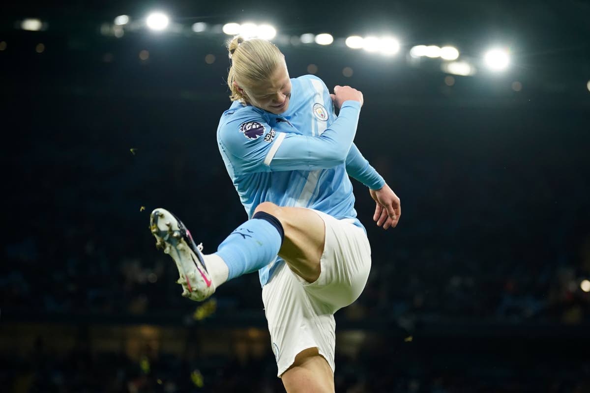 Manchester City’s Erling Haaland reacts after missing a chance to score a goal during the English Premier League football match against West Ham United in Manchester, England, yesterday.
