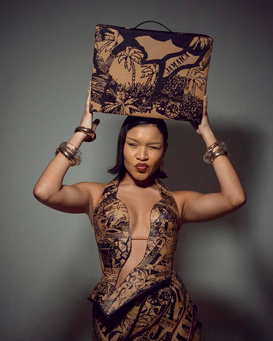 Anna-Lisa Guthrie turned this familiar Caribbean travel ritual – buying duty-free rum – into a bold fashion statement, transforming a rum box into an outfit that celebrates Jamaica in this Port of Call Duty Free collaboration.