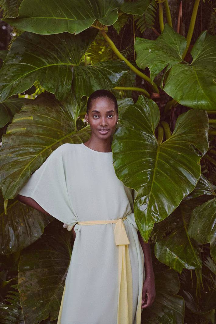 Styled by fashion editor Kat Lovelady, Williams serves style and face in a mint chiffon Rainier caftan gown. 