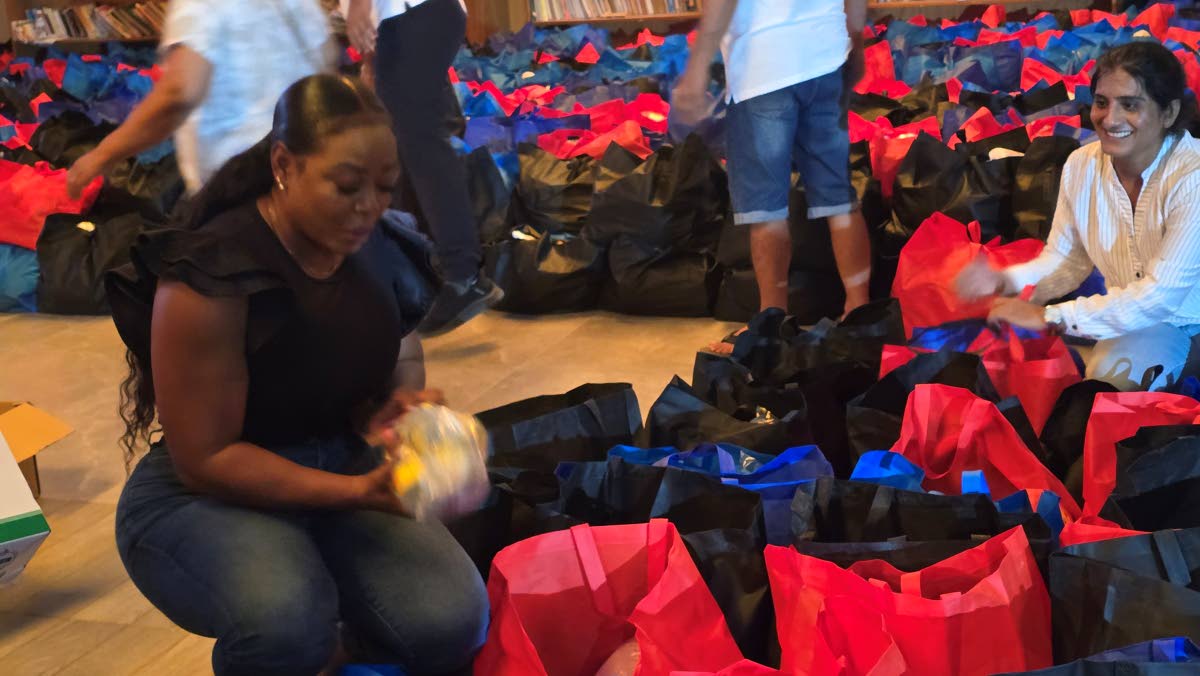 St James Southern Member of Parliament Nekeisha Burchell (left) and Jyoshna Bhojwani checking out the goodies in the care packages along with the solar street lights donated to the constituency by the Montego Bay Indian Community.