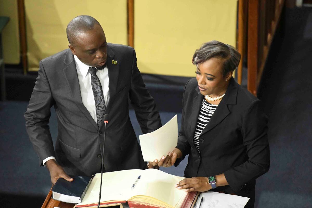 Andrew Morris, member of parliament for St Elizabeth North Western, being sworn by House Clerk Colleen Lowe in on September 18, 2025 in Gordon House.