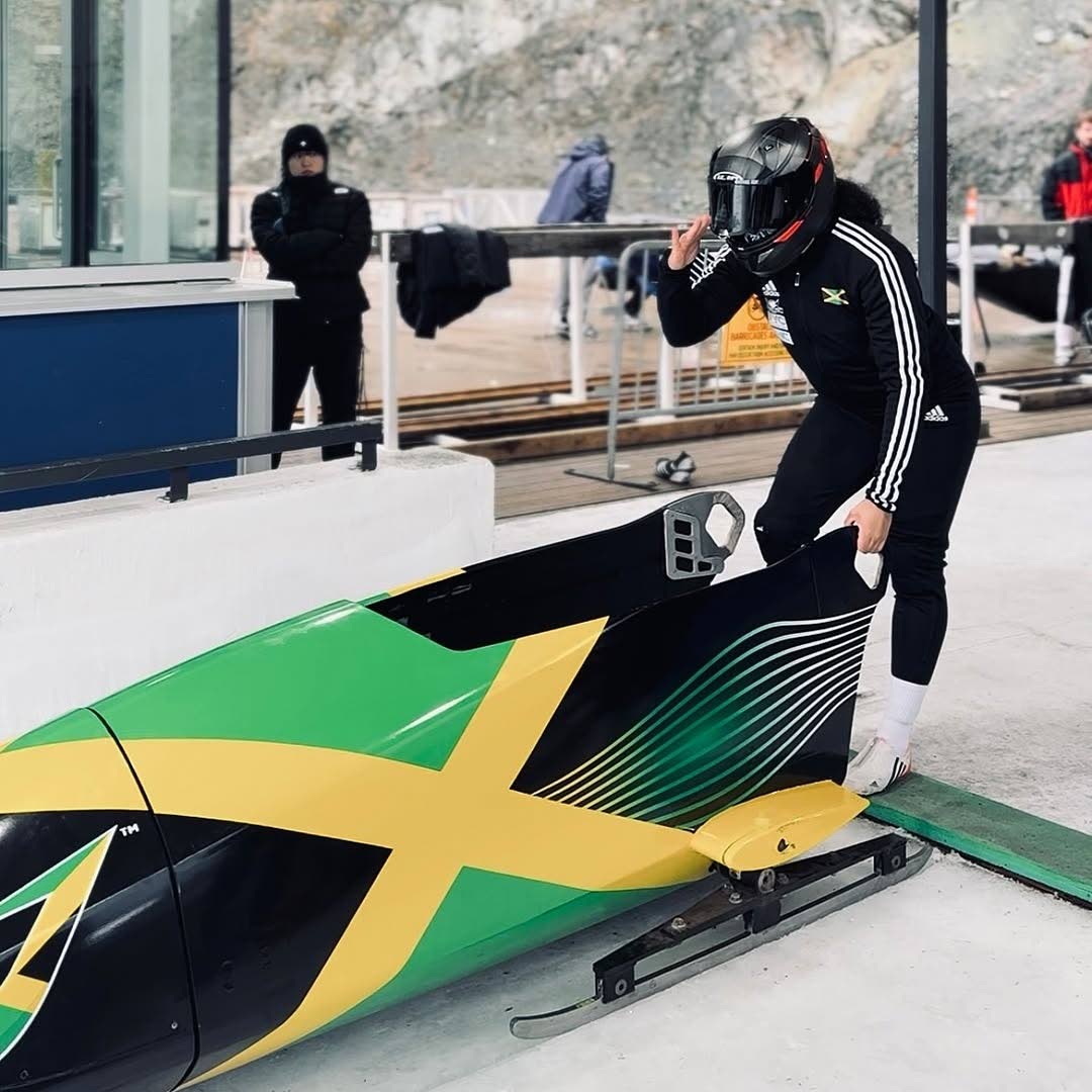 Jamaica’s entrant to the mono-bob competition at this year’s Winter Olympics, Mica Moore gets ready for a run.