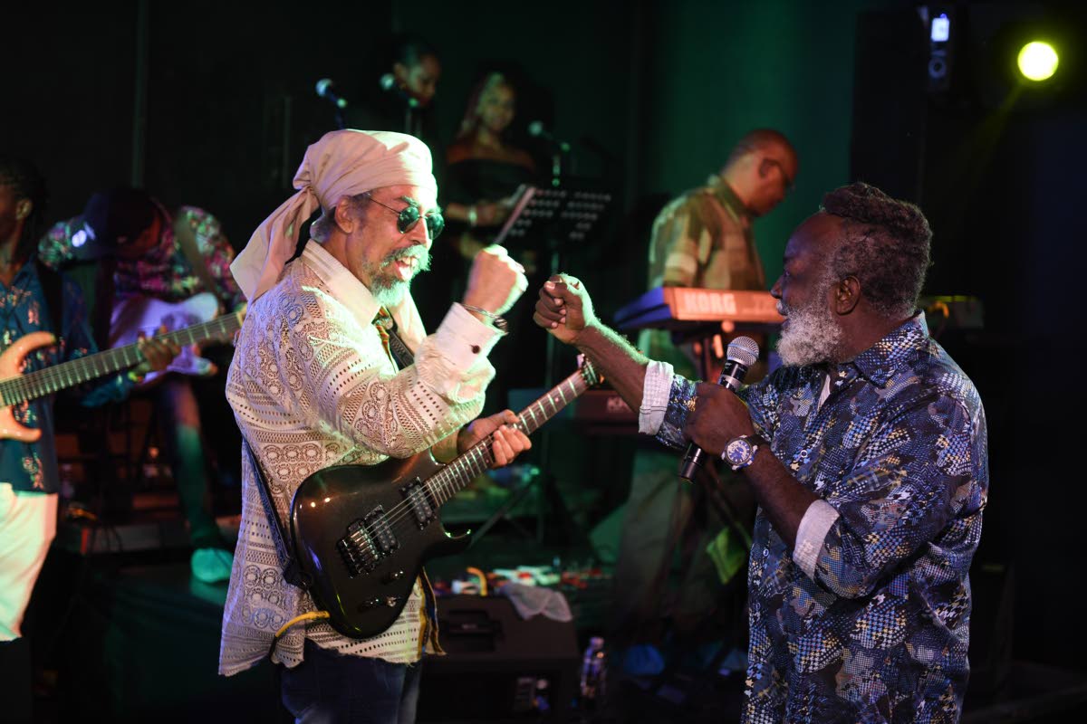Freddie McGregor (right) in performance with ‘Cat’ Coore at his  virtual concert and birthday party, held at Tru Tone studio, Red Hills Road on Saturday, June 27, 2020.