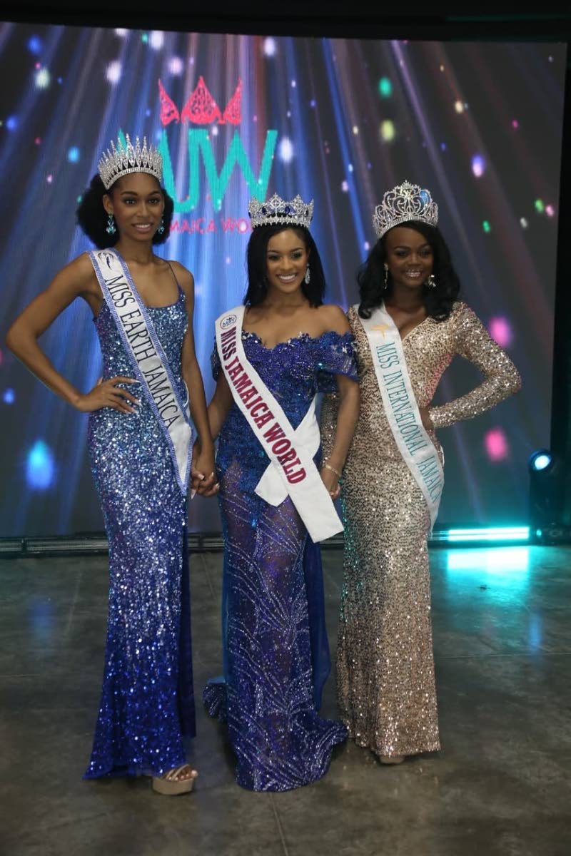 Miss Jamaica World 2025 Nevaeh Allen (centre) is flanked by Asia Wright (right), first runner-up and the newly crowned Miss International Jamaica, and Brianna Foster, second runner-up and Miss Earth Jamaica.