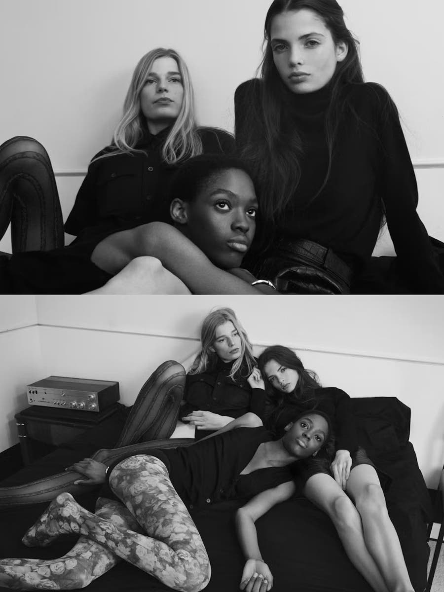 SAINT’s Craig (centre) rocks a sleeveless cardigan from The Row, Falke briefs and Cartier watch while Dutch model Saar Mansvelt (left) wears a Prada shirt and German Laura Kaiser is dressed in a Gucci turtle-neck and shirt.