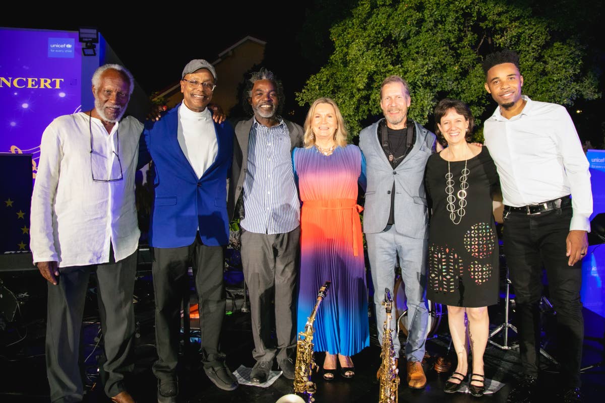 From left: Herbie Miller, director and curator, Jamaica Music Museum (JaMM); Dr Orville Hammond, Jamaican pianist and composer; Leon ‘Mandela’ Duncan; Dr Erja Askola, EU ambassador to Jamaica; European saxophonist, composer and arranger Pekka Pylkkäne