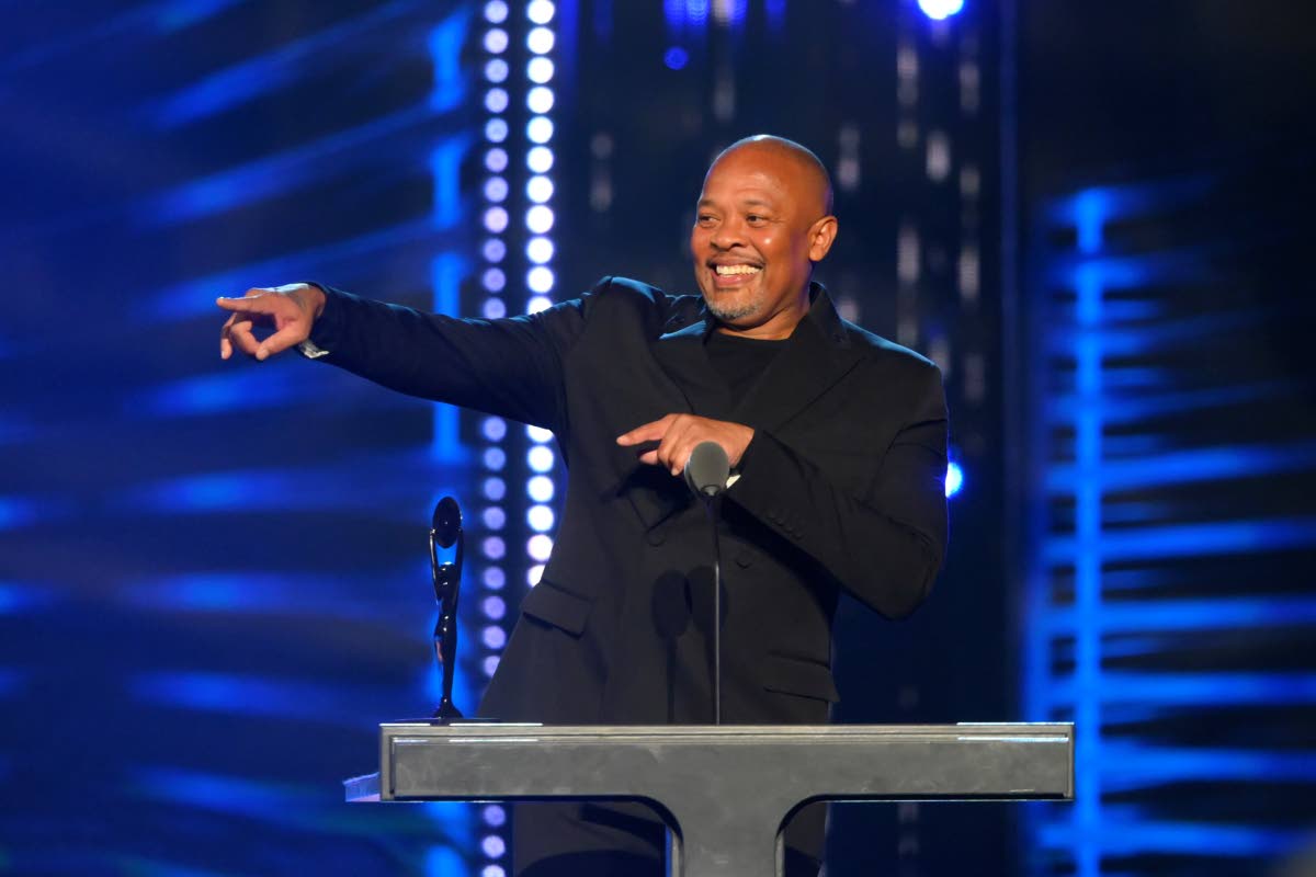 Dr. Dre, presenter for LL Cool J, speaks during the 2021 Rock & Roll Hall of Fame induction ceremony, in Cleveland. 