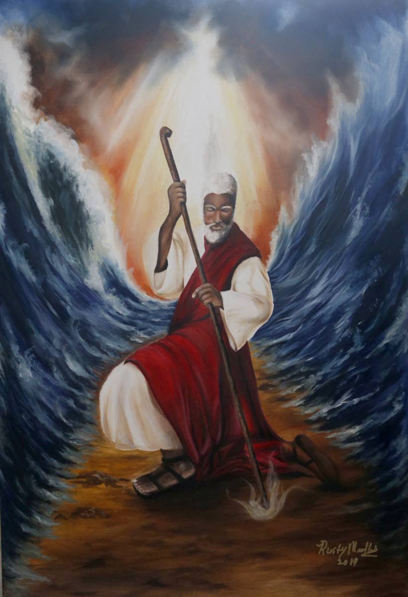 A portrait of Moses parting the Red Sea by artist Leonard "Rusty" Medlock, on display at his home in DeSoto, Texas, on Nov. 10, 2014.