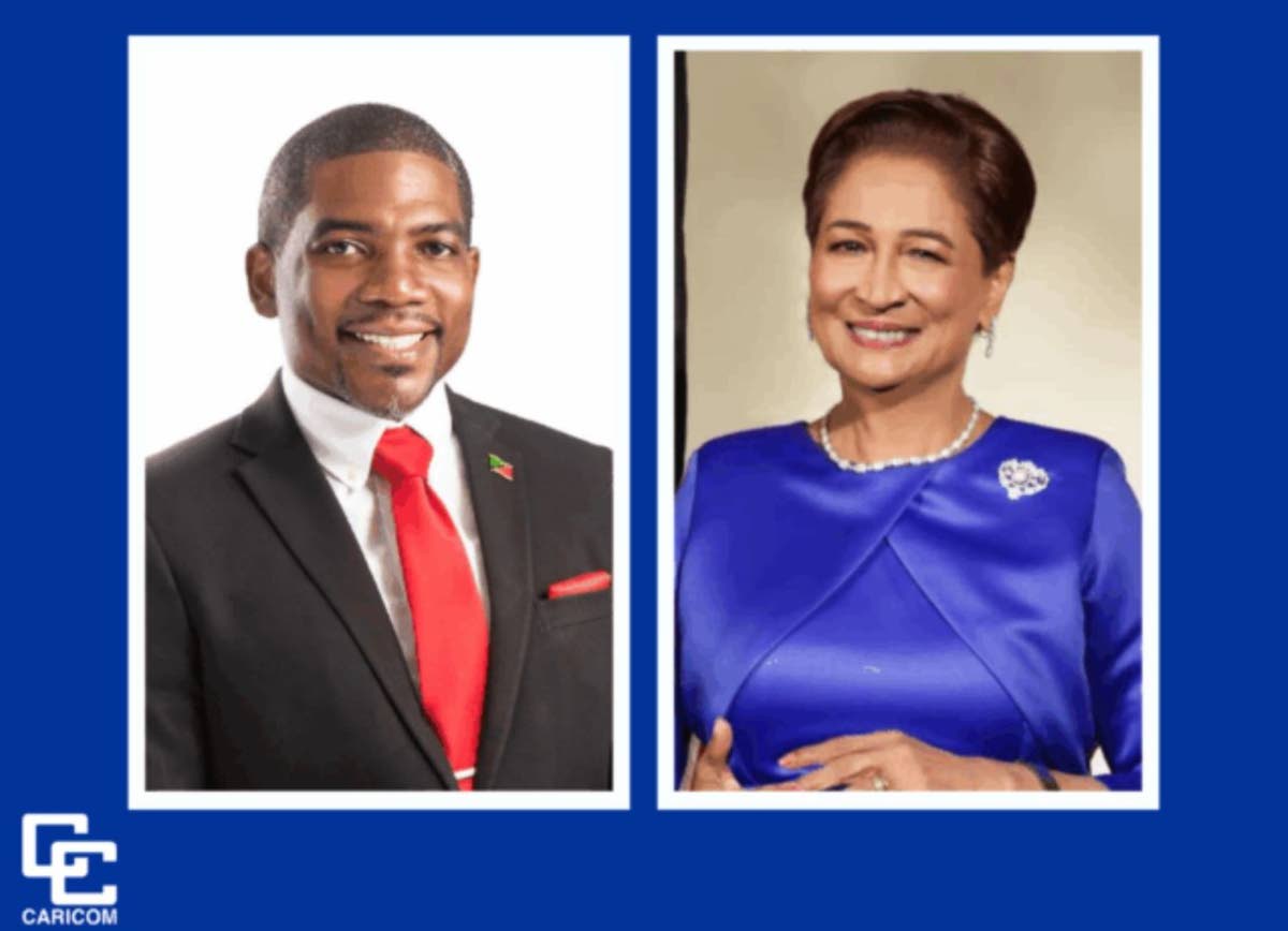 Terrance Drew, Prime Minister of St. Kitts and Nevis and current Chair of CARICOM; and Kamla Persad-Bissessar, Prime Minister of Trinidad and Tobago.