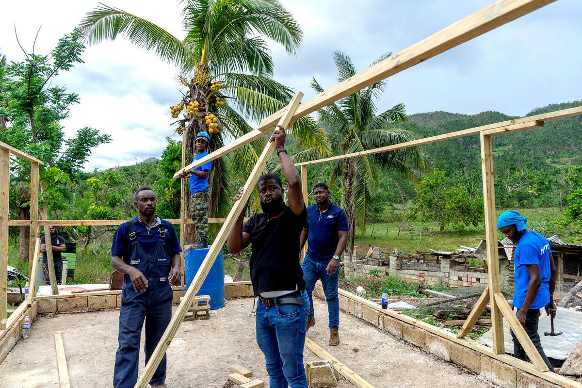 Nutramix Livestock Support Specialists Andre Williams (left) and Bruce Thomas (right), alongside Veterinarian Dr Gilbert Williams (centre), work to rebuild a chicken coop in St Elizabeth following the passage of Hurricane Melissa with support from teammate