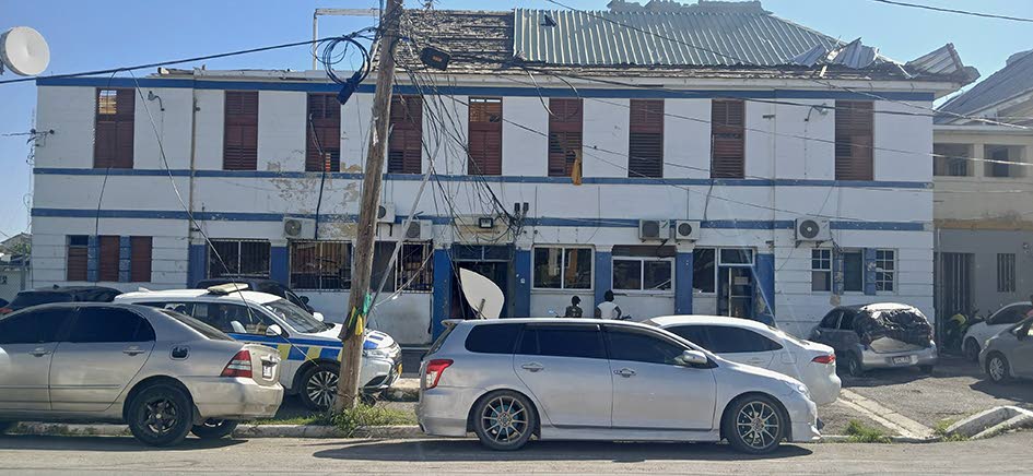 Top left: The roof of the Savanna-la-Mar Police Station in Westmoreland damaged by Hurricane Melissa.